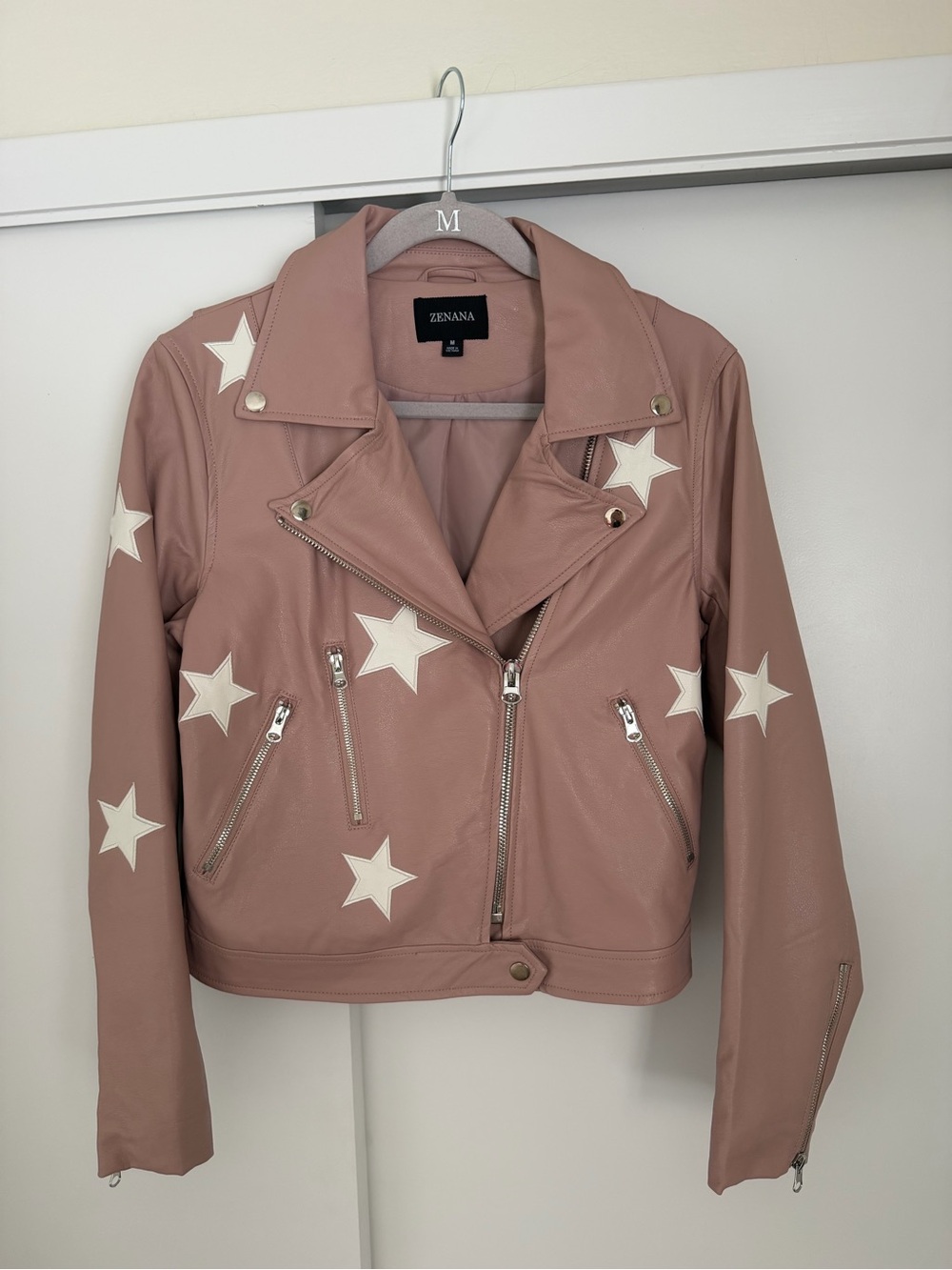 Zenana Blush Pink Star Appliqué Moto Jacket